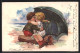 Künstler-AK Castelli: Ein Junge Und Ein Mädchen Mit Zopf Küssen Sich Auf Baumstamm Unter Schirm Versteckt  - Castelli