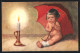Künstler-AK Wally Fialkowska: Kleines Mädchen Sitzt Unter Einem Regenschirm Und Betrachtet Eine Kerze  - Fialkowska, Wally