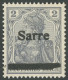 SAARGEBIET A 1 PF G **, 1920, 2 Pf. Dkl`blaugrau (schraffierter Hintergrund) Aufdruck Irrtümlich Auf Dt. Reich Mi.Nr. 83 - Altri & Non Classificati