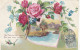 CARTE FANTAISIE . CPA GAUFRÉE.ILLUSTRATION.. TEXTE ET PAYSAGE . FLEURS ROSES.ET MYOSOTIS. ANNÉE 1905 + TEXTE - Other & Unclassified