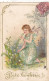 ANGES.. CPA.GAUFRÉE.  " PORTE BONHEUR " .ILLUSTRATION.  ANGELOT CUEILLE DU MUGUET ANNÉE 1905 + TEXTE - Anges