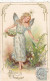 ANGES.. CPA.GAUFRÉE.  " PORTE BONHEUR " .ILLUSTRATION.  ANGE -FEMME CUEILLE DU MUGUET. ANNÉE 1905 + TEXTE - Anges