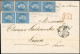 Obl. 22 X 6 - 20c. Bleu, Paire + Bande De 4, Obl. Roulette De Pointillés S/lettre Frappée Du CàD De PARIS (60) Du 14 Aoû - 1862 Napoléon III.