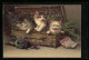 Künstler-AK Drei Kleine Katzen Mit Blumen In Einem Geflochtenen Koffer  - Katzen