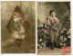 LOT 2 Cartes Porte Bonheur Souvenir Trèfle 4 Feuilles Tenu Par Enfant Petite Fille ( Fillette ) Garçon + Fleurs - Scenes & Landscapes