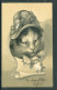 20565 Chat - Chatte Humanisée Portant Un Beau Chapeau Et Tenant Une Feuille Et Une Rose  -  Belle Carte Gaufrée - Cats