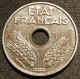 RARE - FRANCE - 20 CENTIMES 1944 - Fer - Etat Français - Tranche Lisse - Gad 322 - KM 900.2a - 20 Centimes