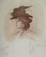 Dessin Esquisse Lavis.- "Femme Elégante Au Chapeau Brun Imposant" Signé Daté 1901 - Aquarelles
