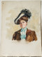 Aquarelle. "Femme Au Chapeau à Plume Et Foulard Bleu". Buste. Pas Signé. Attribué à Berthe Flournoy 1900. Ecole Suisse - Watercolours