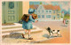 H1043 - Litho Glückwunschkarte Schulanfang - Kleines Mädchen Zuckertüte Hund Dog - Einschulung
