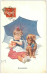 ILLUSTRATEURS.n°10949.FEIERTAG.GOURMANDISE.FILLETTE ET SON CHIEN TECKEL SOUS UN PARAPLUIE BLEU - Feiertag, Karl