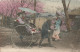 JAPAN  - OUTSIDE SPRING SCENE : TWO YOUNG LADIES WITH UMBRELLA IN A CARRIAGE, ANOTHER ONE WALKING - 1909 - Other & Unclassified