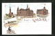 Lithographie Hamburg-Harburg, Rathhaus, Postgebäude, Evag. Kirche, Elbbrücke  - Harburg