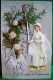 BELLE CPA .CELLULOID . SOUVENIR DE COMMUNION . Ajoutis COMMUNIANTE . FLEURS SECHEES . EDELWEISS . RUBAN SATIN  CIERGE - Communion