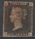 1840 - RARE YVERT N°1 BLACK PENNY OBLITERE (LEGER PELURAGE) - COTE = 325 EUR - Usati