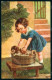 Artist Signed Fialkowska W. Girl Washing The Dog Serie 1717 CREASED Pc HR0861 - Autres & Non Classés