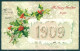 Greetings New Year 1909 Christmas Holly Relief Postcard HR0769 - Autres & Non Classés