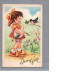 CPA - Illustration Signé GOUGEON Une Jolie Petite Fille Avec Un Oiseau Sur La Branche Fleur Bleue Clochette - Gougeon