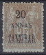 TIMBRE ZANZIBAR TYPE SAGE SURCHARGE 20 ANNAS N° 30 NEUF * GOMME AVEC CHARNIERE - Unused Stamps