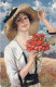 Illustrateur - Femme Et Bouquet De Coquelicots -  Carte Dorée Sur Tranche édit Paris Londres New York - Visitekaartjes