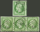 FRANCE: Yv.12, 1854 Napoleon II 5c. Green, Strip Of 3 With Ample Margins + Single In Dark Green With Immense Margins, Ve - Altri & Non Classificati