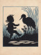 Silhouette Child And Stork Old Postcard Signed Hedwig Pelizaeus - Silueta