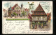 Lithographie Hildesheim, Rathaus, Gasthaus Weinhandlung Zur Domschenke  - Hildesheim