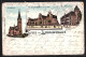 Lithographie Luckenwalde, Gebr. Heinrich Hospital, Post, St. Jakob-Kirche  - Luckenwalde