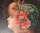 Ancienne Peinture Sur Support Rigide épais (carton Multicouche) Buste Femme De Profil Avec Fleurs Dans Les Cheveux - Other & Unclassified