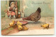 N°18328 - Carte Gaufrée - Joyeuses Pâques - Fillette Regardant Une Poule Et Des Poussins Manger - Easter