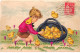 Pâques - N°84053 - Garçon Près D'un Panier Rempli De Poussins - Carte Peinte à La Main - Pascua