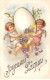 Pâques - N°84074 - Joyeuses Pâques - Anges Portant Un Oeuf Décoré De Muguet Et De Violettes - Carte à Paillettes - Pascua