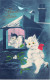 Animaux - N°83959 - Chats - Bonne Année - Chat Blanc Sur Un Toit Regardant Par La Fenêtre Un Couple De Chats - Cats