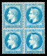 ** N°29A, 20c Bleu Type II En Bloc De Quatre, Bon Centrage, Fraîcheur Postale. SUPERBE. R. (certificat)  Qualité: ** - 1863-1870 Napoleone III Con Gli Allori