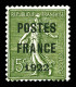 * N°37, 15c Olive Surchargé 'POSTE FRANCE 1922', Très Frais. SUP (signé Brun/certificat)  Qualité: *  Cote: 1400 Euros - 1893-1947