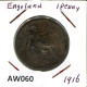 PENNY 1916 UK GRANDE-BRETAGNE GREAT BRITAIN Pièce #AW060.F.A - D. 1 Penny