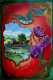 Cpa Gaufrée  OISEAUX . FLEURS . PAYSAGE  Fond Rouge Et Doré 1910 . BIRDS FLOWERS COUNTRY  EMBOSSED OLD PC - Fleurs