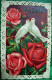 CPA  Gaufrée BELLES FLEURS 2 OISEAUX Cadre Dentelle, ROSES , COLOMBES , 1914, FLOWERS DOVE LACE FRAMED EMBOSSED  OLD PC - Blumen