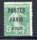 PRÉO N° 24a 5 C. Vert Clair - POSTES PARIS 1920 - Signé A.Brun - 1893-1947