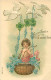 Carte Gaufrée - Souvenir Enfant Ange Dans Un Panier - Oiseaux Colombes Fleurs Q 2553 - Other & Unclassified