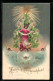 Stoff-Präge-AK Weihnachtsengel Im Gewand Aus Stoff Vor Der Krippe Mit Dem Christkind  - Angels