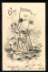 Lithographie Engelbaby Sitzt Auf Einem Schiff Mit Der Jahreszahl 1904  - Angels