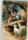 10666705 - Kinder Fuettern Zwei Laemmer Lithographie - Easter