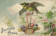 Illustrateur Joyeuses Paques Oiseau Portant Une Lettre Et Un Panier D'oeufs Colorisés RV - Ostern