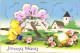 Carte à Système Joyeuses Paques Poussins Arbre En Fleur Eglise RV - Ostern
