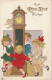 CE28 - " BEST NEW YEAR WISHES " - RONDE D' ENFANTS AUTOUR D' UNE COMTOISE - CARTE GAUFREE- 2 SCANS - Neujahr