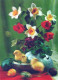 PASCUA POLLO HUEVO FLORES LENTICULAR 3D Vintage Tarjeta Postal CPSM #PAZ016.ES - Ostern