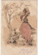 FI 8- CARTE FANTAISIE STYLE VIENNOISE ( 1904) - ILLUSTRATION - FEMME ASSISE SUR UN BANC , DECOR CHAMPETRE - DORURE - Femmes