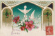 HO 22 - CARTE GAUFREE FANTAISIE " BONNE ANNEE " AVEC  TREFLES FOND DORE , BOUQUET DE LYS ET MUGUET, COUPLE DE COLOMBES  - New Year