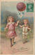 HO 22 - CARTE  FANTAISIE " BONNE  ANNEE  " -  ENFANTS AVEC COSTUMES REHAUSSES D'OR  ET MONTGOLFIERE- 2 SCANS  - Neujahr